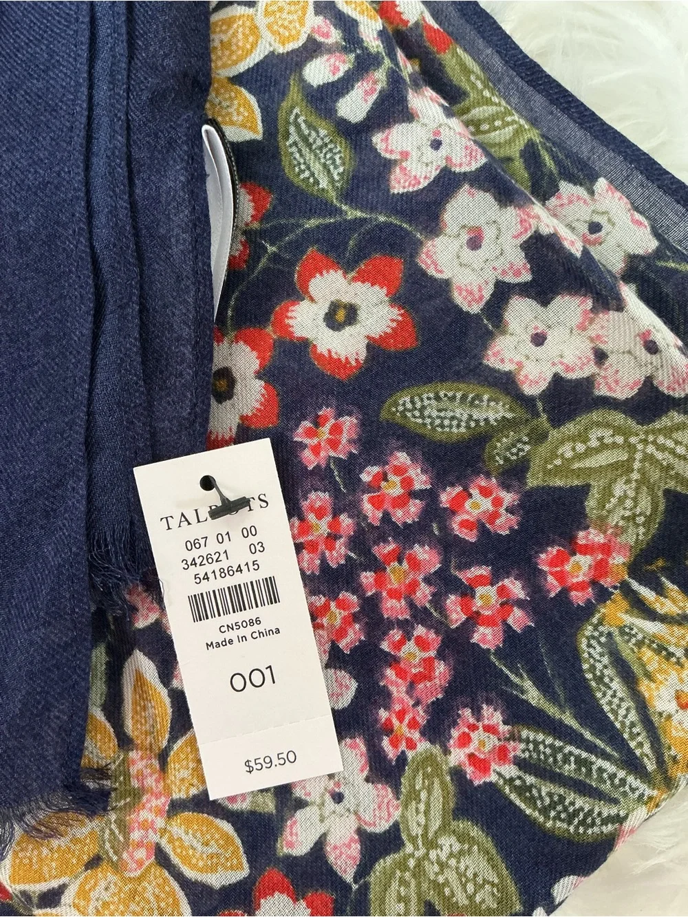 NWT Talbots Navy Floral Silk Blend Scarf with Red and Yellow Blooms